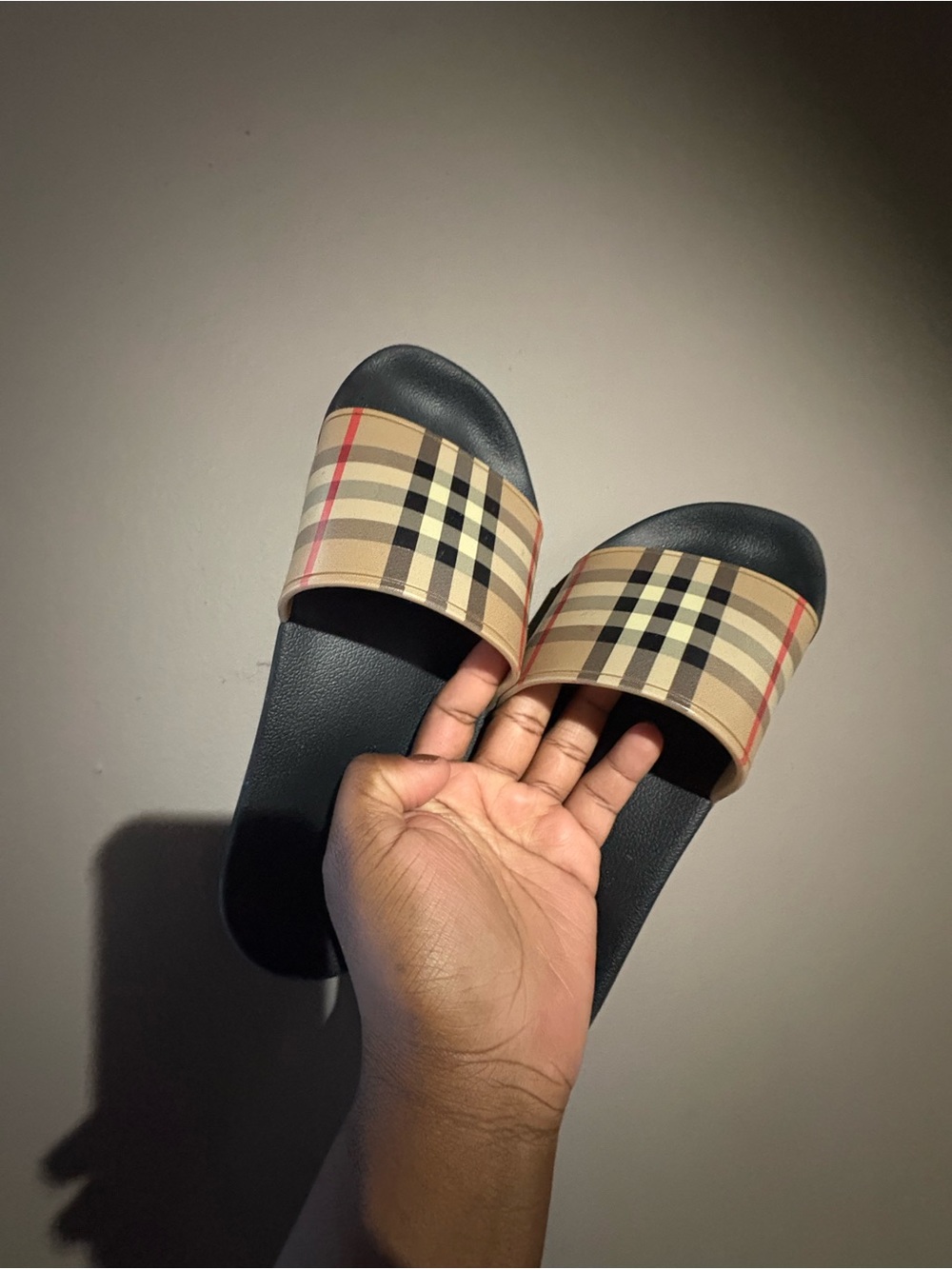 Burberry Beige Check Slide Sandals with Black Footbed
